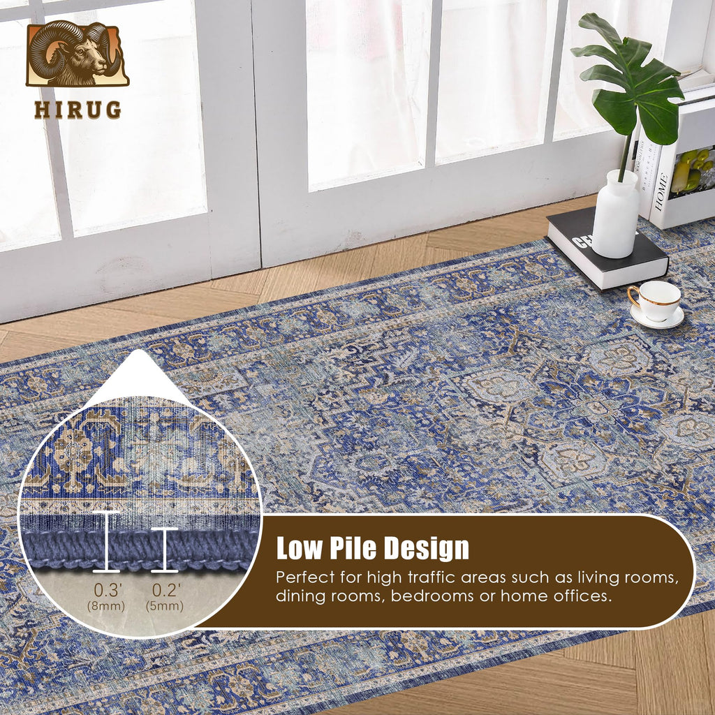 Washable Area Rug 2'6'' x 8' Vintage Traditional Persian Mat - Foldable Distressed Non-Slip Machine Washable Carpet for Living Room Bedroom Kitchen Home Decor - Indigo and Gold
