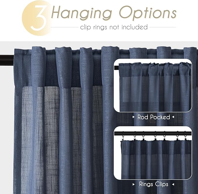Navy Blue Curtains 98 inch Length for Bedroom Back Tab Light Filtering Semi Sheer Blue Living Room Curtains Linen Cotton Textured Indigo Blue Drapery Panel Modern Farmhouse Aesthetic Decor Dark Blue