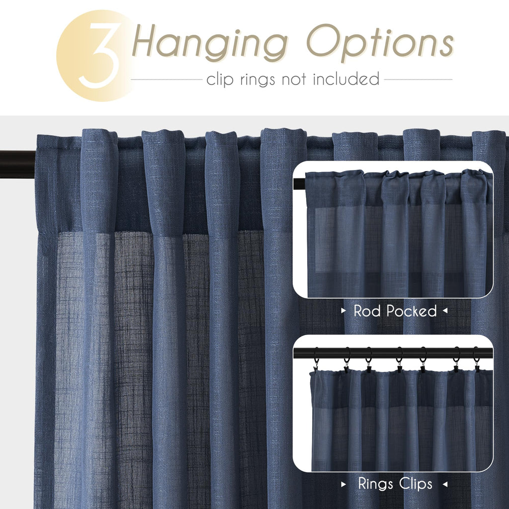 Navy Blue Curtains 92 inch Length for Bedroom Back Tab Light Filtering Semi Sheer Blue Living Room Curtains Linen Cotton Textured Indigo Blue Drapery Panel Modern Farmhouse Aesthetic Decor Dark Blue