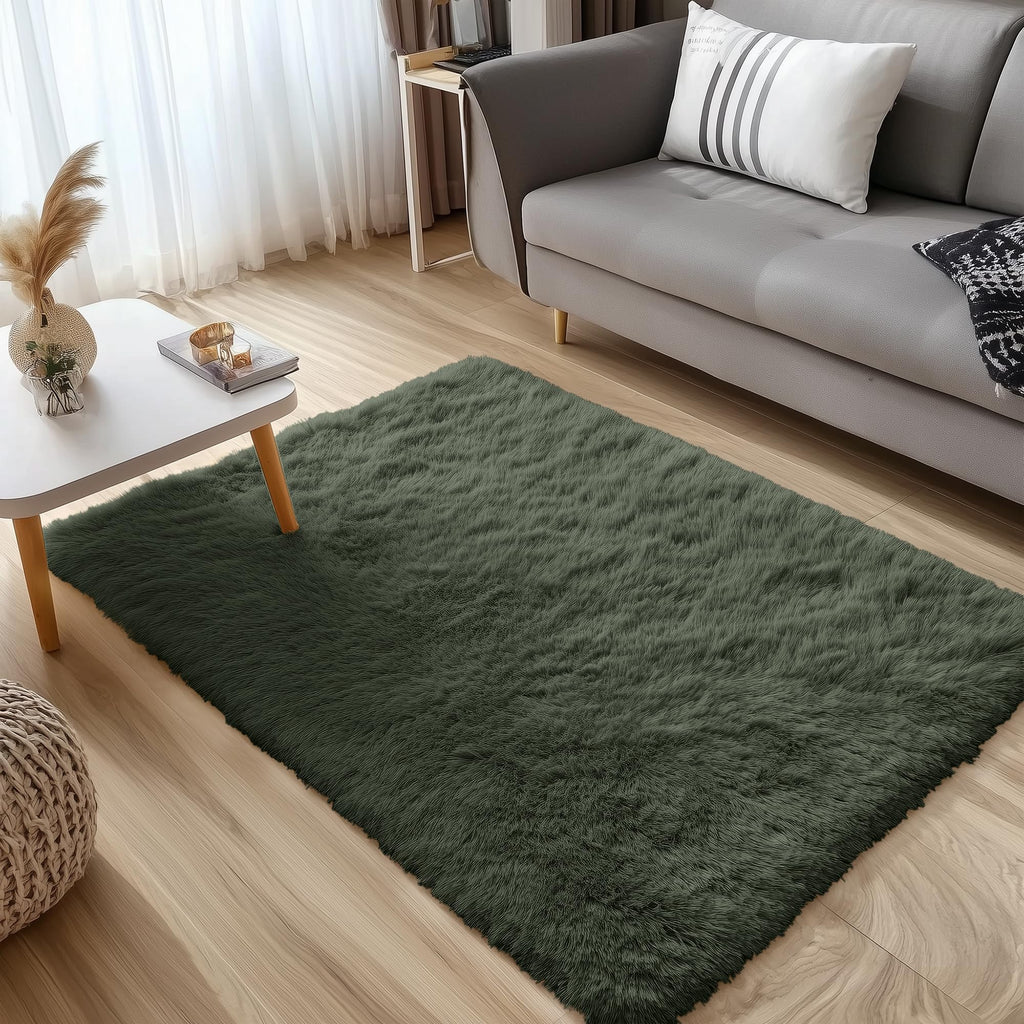 OLANLY 3x5 Machine Washable Small Bedside Rug, Soft Fluffy Shaggy Rugs for Living Room, Bedroom, Indoor Floor Carpet for Kids Girls and Boys, Preppy Dorms, Nursery, Home Decor Aesthetic, Olive Green