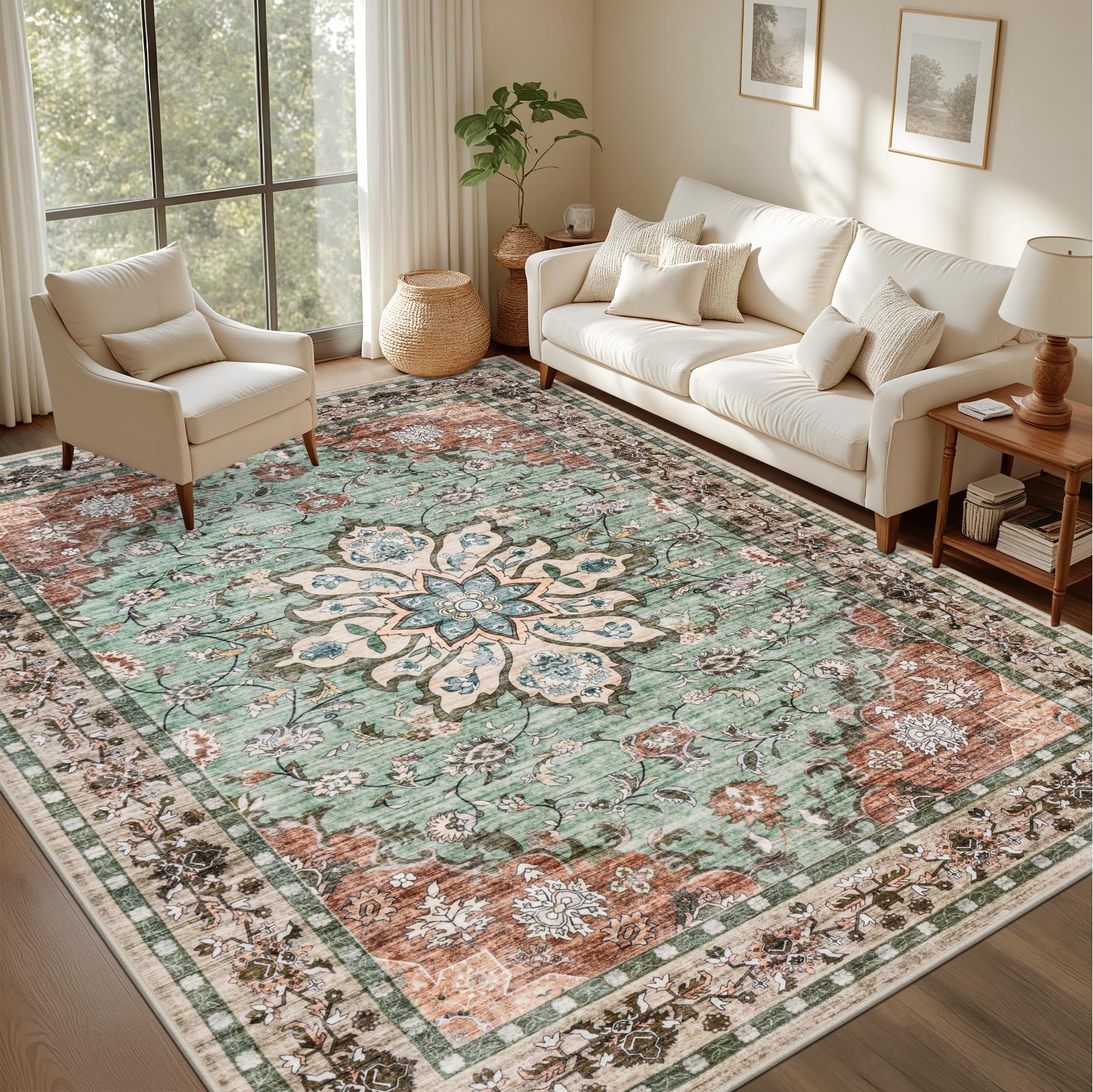 ExpediX 10x14 Area Rugs Living Room: Washable Rug for Bedroom Brown Green