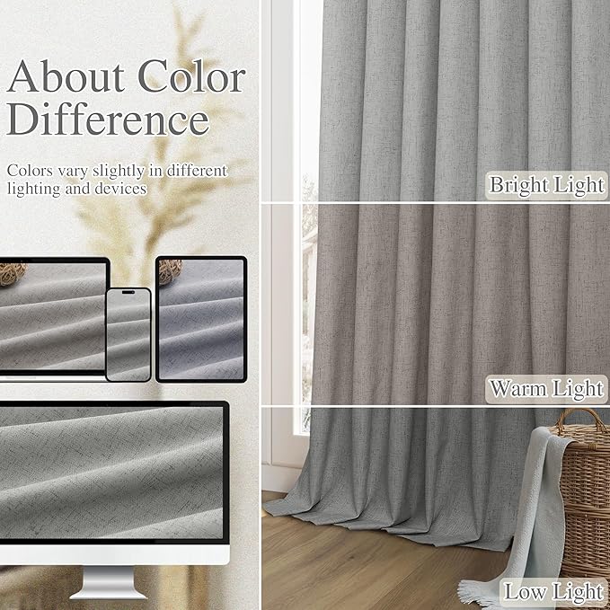Guken Dark Grey 100% Blackout Linen Curtains 90 Inch Length 2 Panels Set for Living Room Back Tab Thermal Insulated Black Out Drapes Room Darkening Farmhouse Style for Bedroom Window Curtains