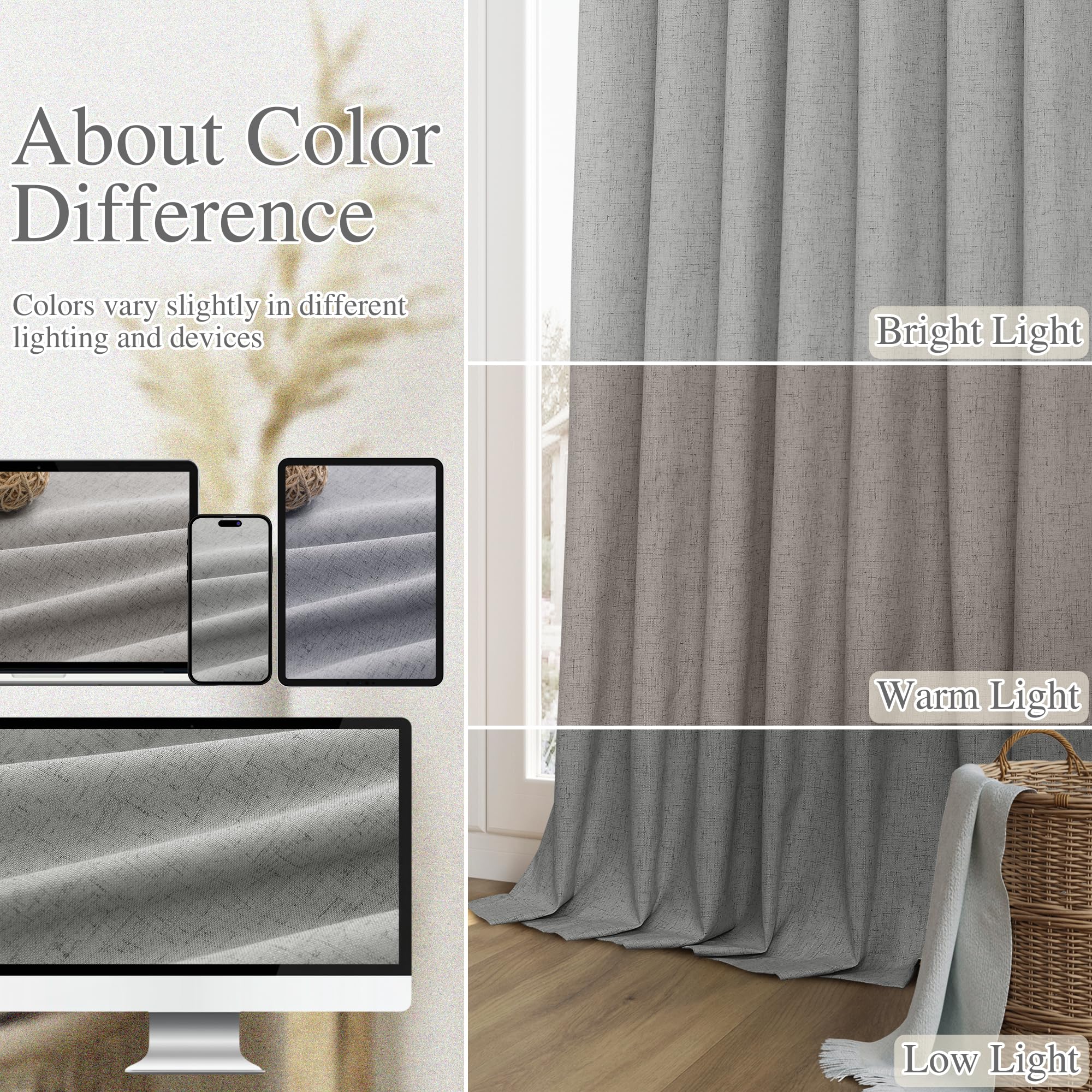 Guken 100% Blackout Linen Curtains 72 Inch Length 2 Panels Set for Living Room Bedroom Back Tab Thermal Insulated Black Out Linen Drapes Room Darkening Window Curtains,Dark Grey