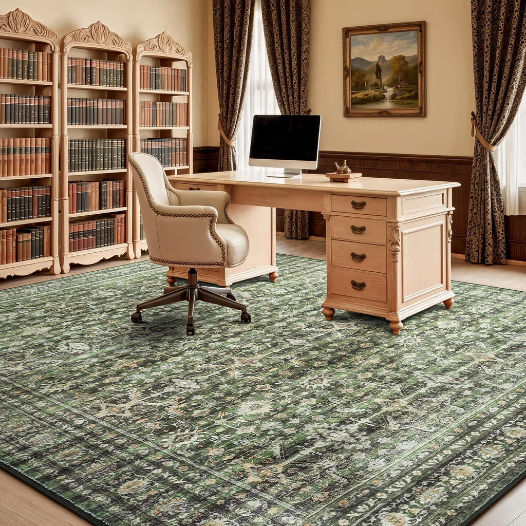 9x12 Area Rugs for Living Room, Green Washable Non-Slip Large Carpet