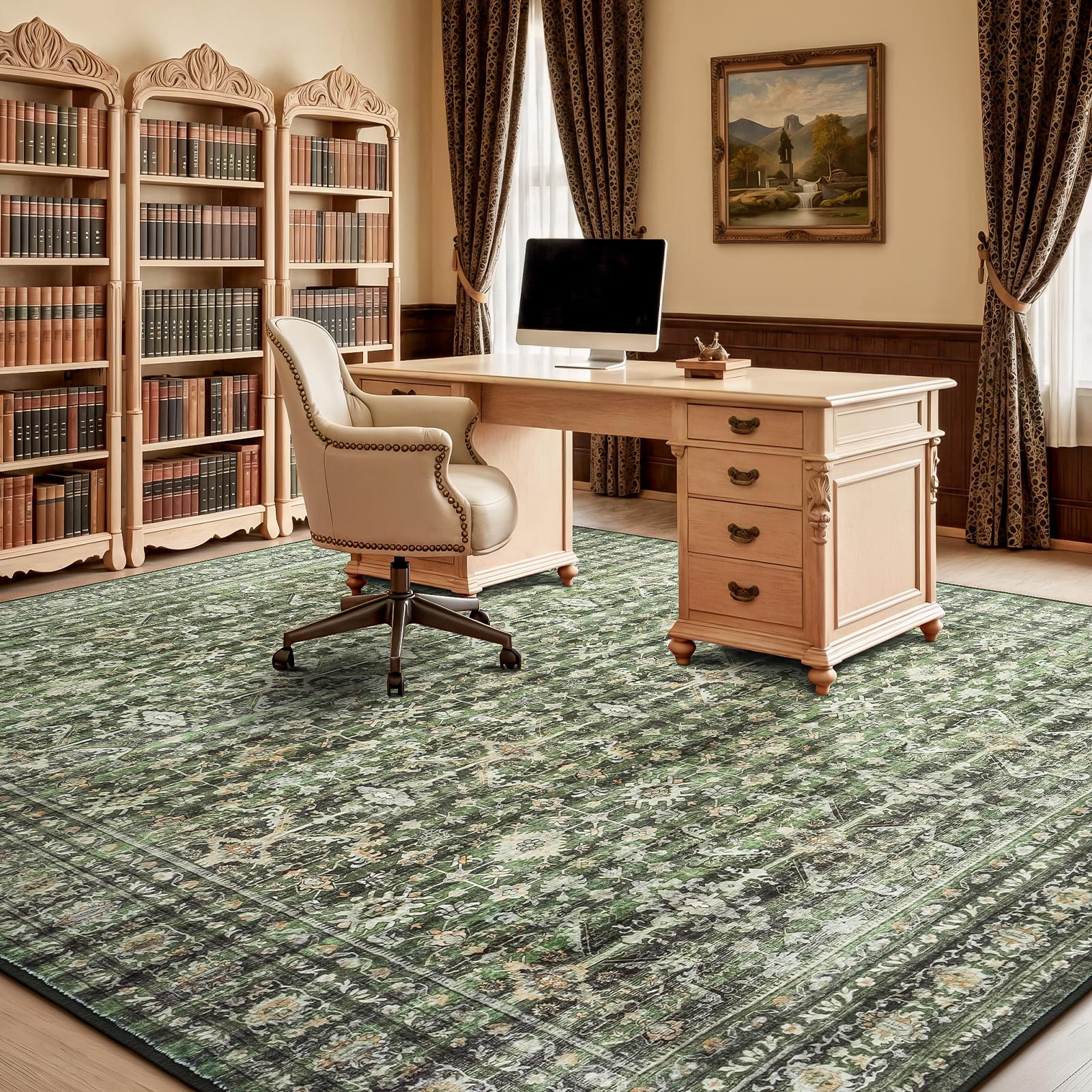 9x12 Area Rugs for Living Room, Green Washable Non-Slip Large Carpet