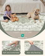 Madane 9x12 Area Rugs for Living Room, Machine Washable Vintage Green Rug with Non-Slip Backing, Soft Throw Large Rug, Thin Carpet for Bedroom Dining Room Farmhouse Under Table, Green/Ivory