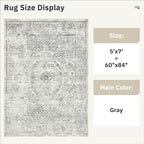 5x7 Area Rugs Grey Low Pile Indoor Washable Trendy Faded Style Floral Rugs for Bedroom Living Room Dining Room Foldable Non-Slip Thin Print Mat