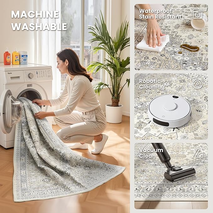 zesthome 10x14 Area Rugs,Stain Resistant Washable Rug,Ultra-Thin Rugs for Living Room,Bedroom,Non-Slip Backing Home Decor Large Area Rug (Beige,10'x14')