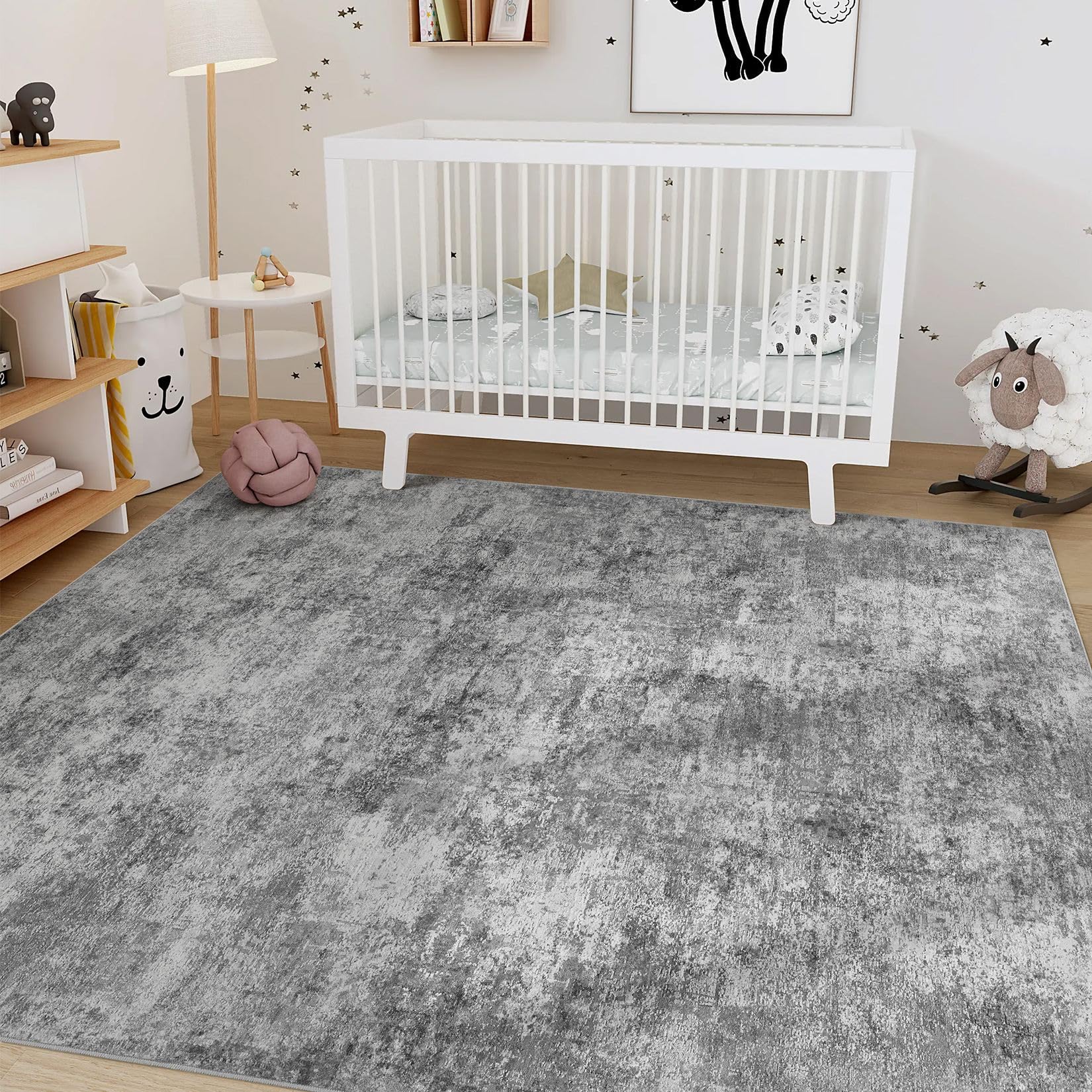 Nakagishi 7x9 Area Rugs Living Room: Washable Abstract Large Neutral Soft Rug Stain Resistant Modern Indoor Floor Non-Slip Carpet for Bedroom Nursery Kids Playroom Office Dining Room Dorm- Grey