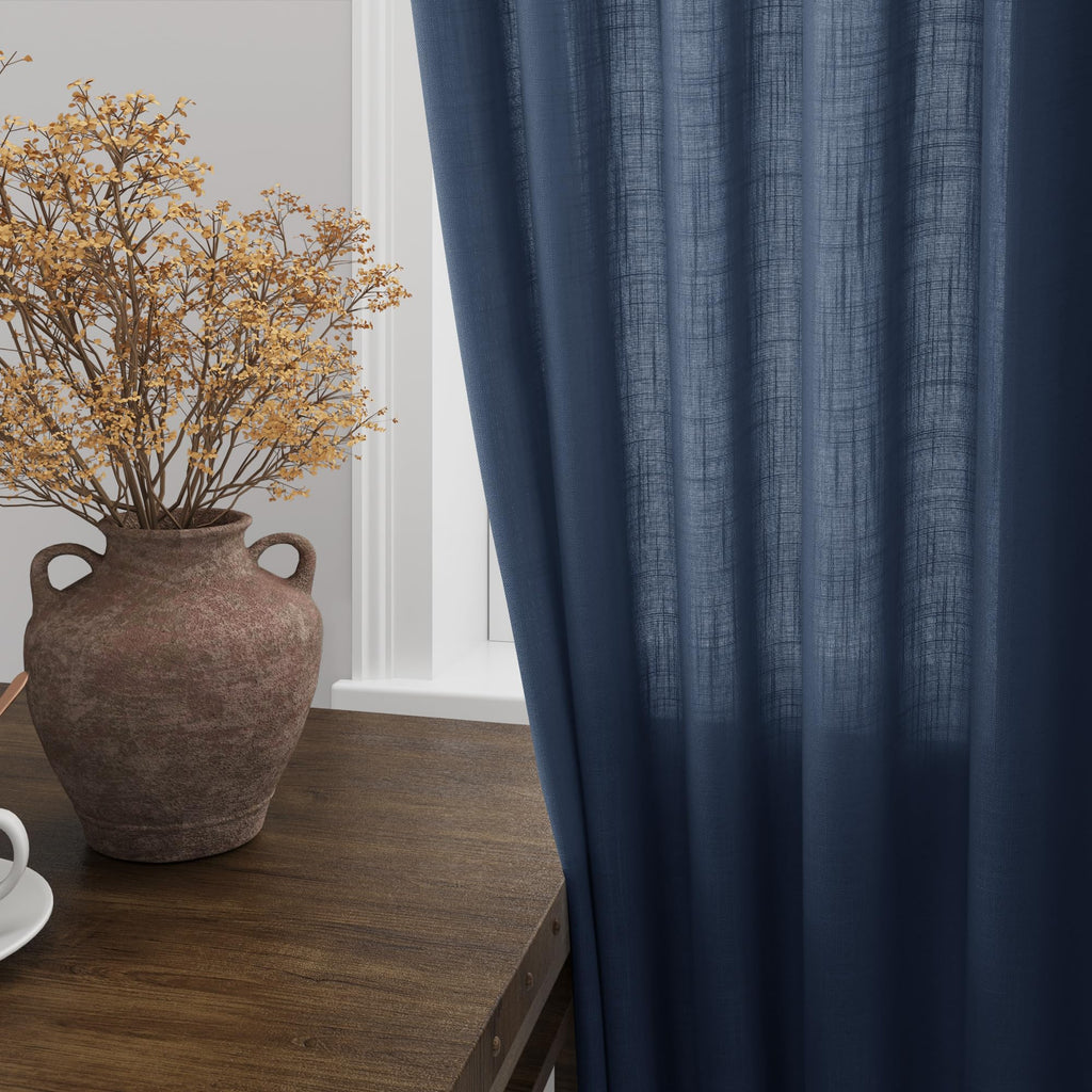 Denim Blue Linen Curtains 108 Inches Long for Living Room 2 Panels Set Extra Long Back Tab Curtain Semi Sheer Light Filtering Denim Blue Drapes Floor to Ceiling Curtains for Large Windows 52x108