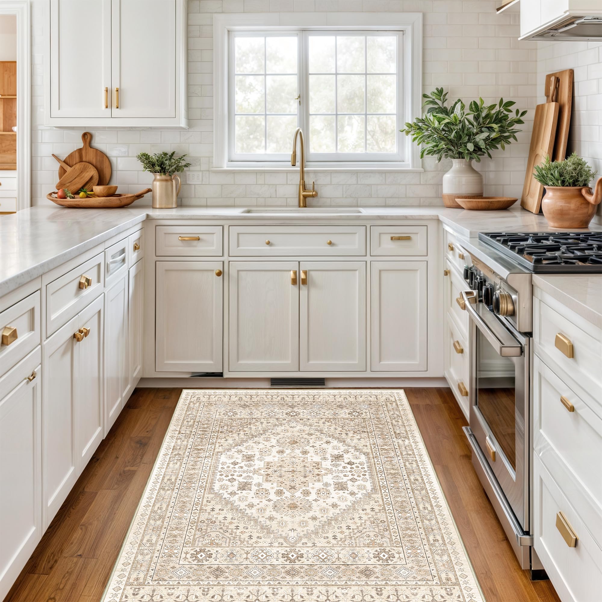 Restydon 3x5 Washable Area Rug for Entryway Non Slip Rugs, Cream/Beige