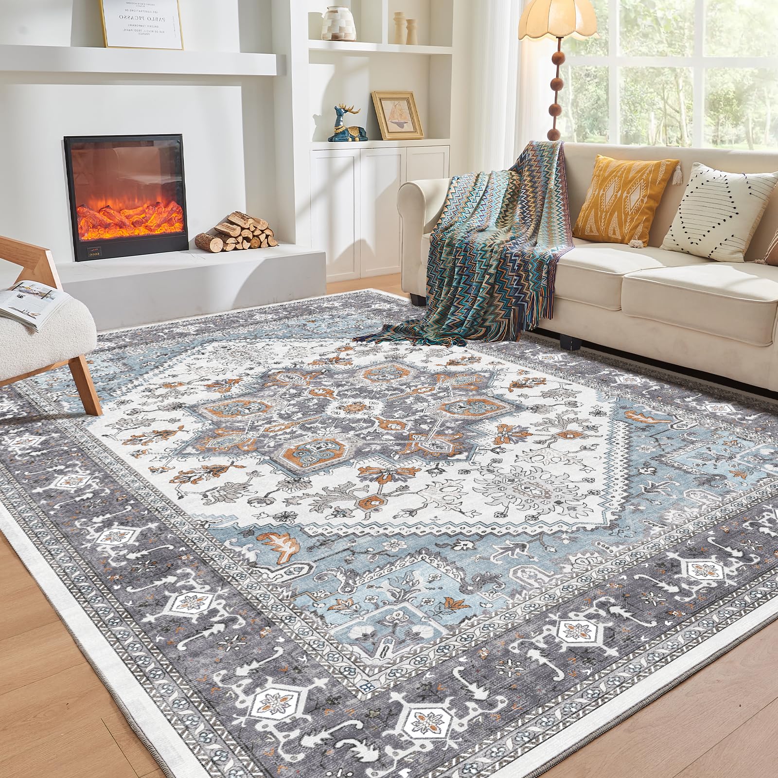 OPPODREAM Soft Area Rugs 4x6, Persian-Inspired Washable Rug, Grey & Yellow