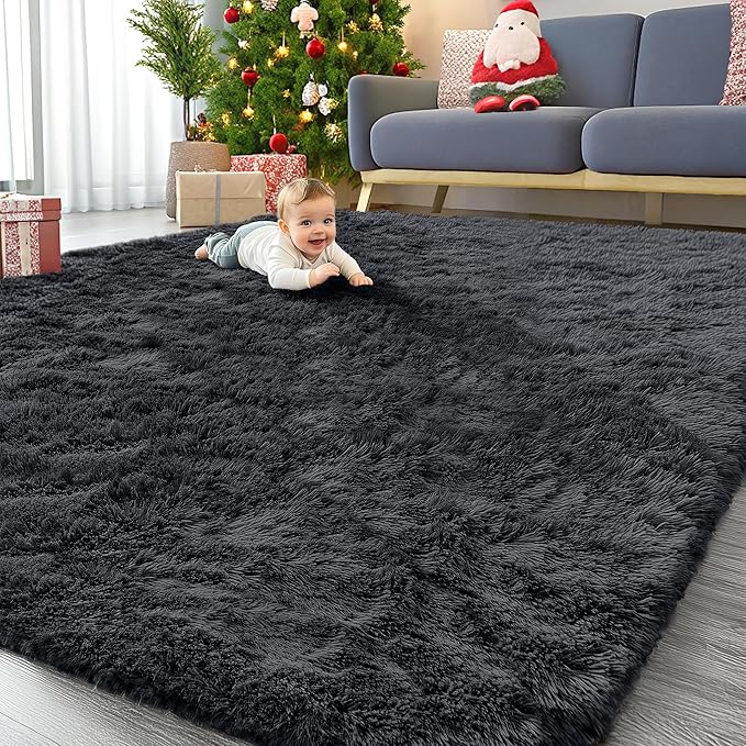 OLANLY 9x11 Machine Washable Large Area Rugs for Living Room, Bedroom, Soft Fluffy Shaggy Bedside Rug, Indoor Floor Carpet for Kids Girls and Boys, Dorms, Nursery, Home Decor Aesthetic, Black
