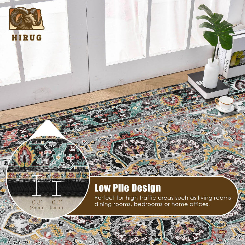 Washable Area Rug 8' x 10' Vintage Traditional Persian Mat - Foldable Distressed Non-Slip Machine Washable Carpet for Living Room Bedroom Kitchen Home Decor - Slate and Multicolor