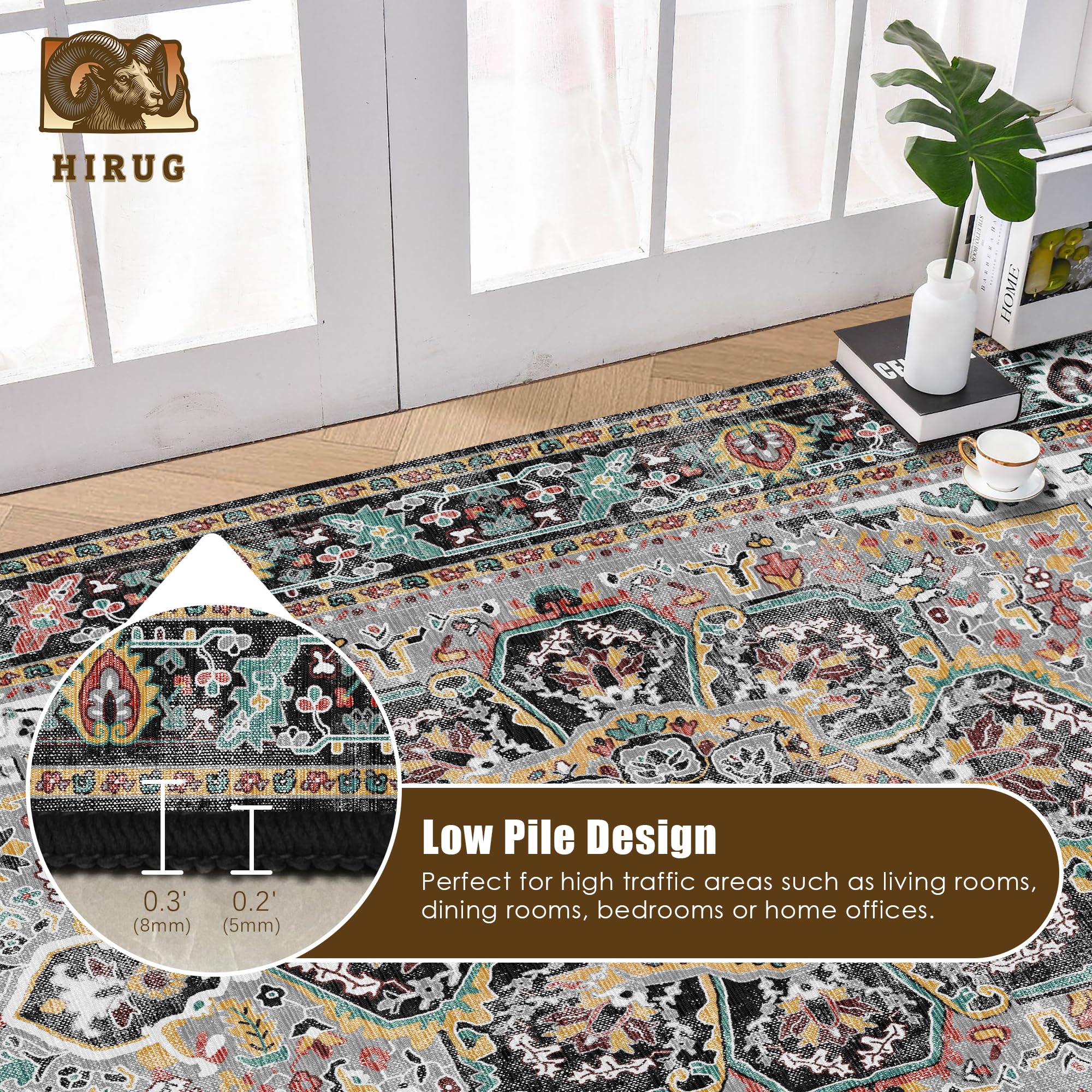 Washable Area Rug 8' x 10' Vintage Traditional Persian Mat - Foldable Distressed Non-Slip Machine Washable Carpet for Living Room Bedroom Kitchen Home Decor - Slate and Multicolor