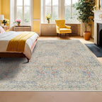8x10 Washable Rug for Living Room - Stain Resistant Dining Room Rugs for Under Table, Soft Low Pile Large Carpet for Bedroom - Vintage Floral Non-Slip (8x10 Beige Blue)