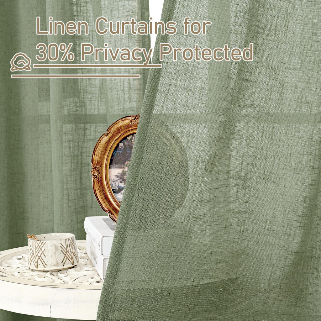 LAMIT Short Window Linen Curtains 36 Inch Length 2 Panels, Sage Green Light Filtering Panels Back Tab and Rod Pocket Neutral Drapes for Bathroom/Loft Room, 34 x 36 Inch