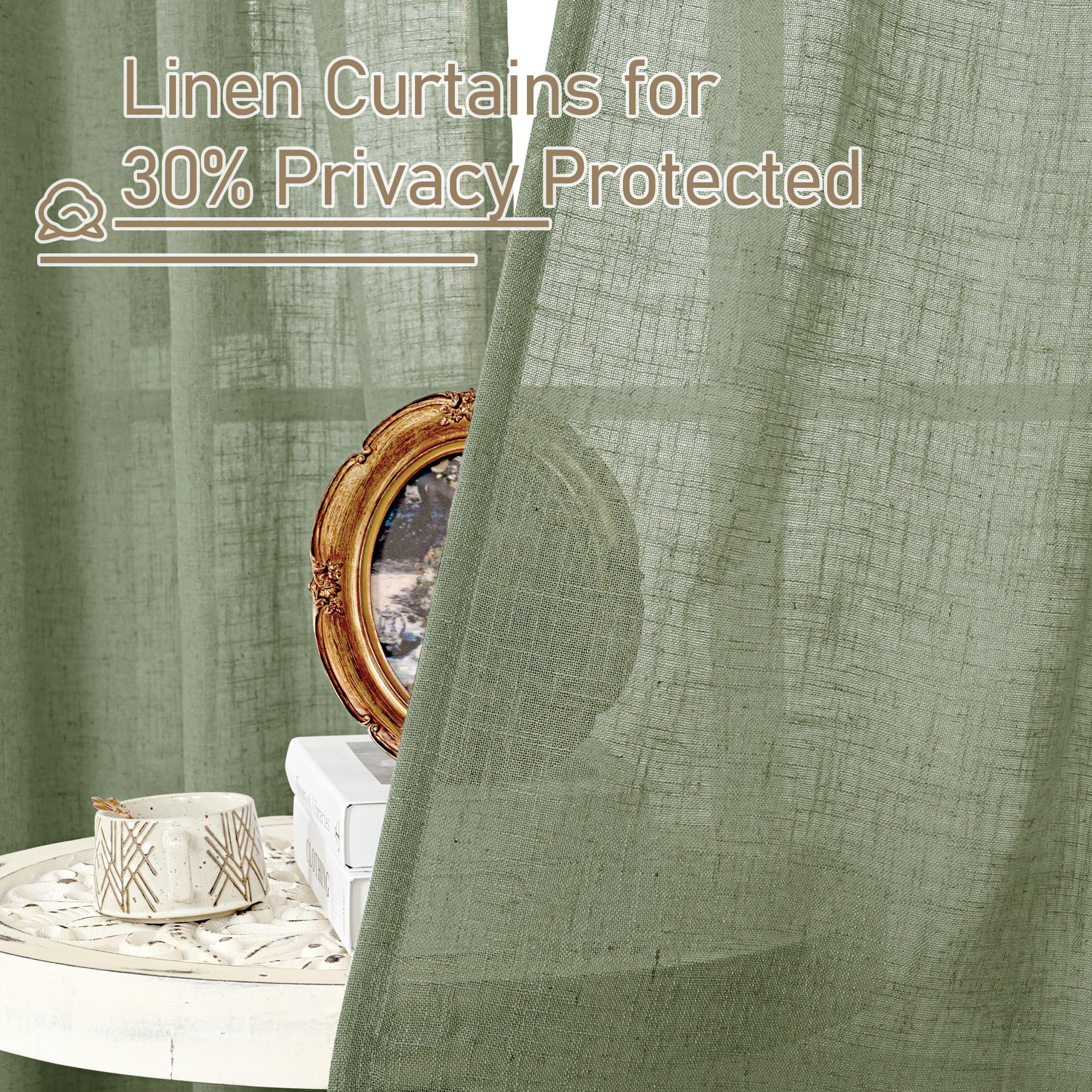 LAMIT Short Window Linen Curtains 36 Inch Length 2 Panels, Sage Green Light Filtering Panels Back Tab and Rod Pocket Neutral Drapes for Bathroom/Loft Room, 34 x 36 Inch