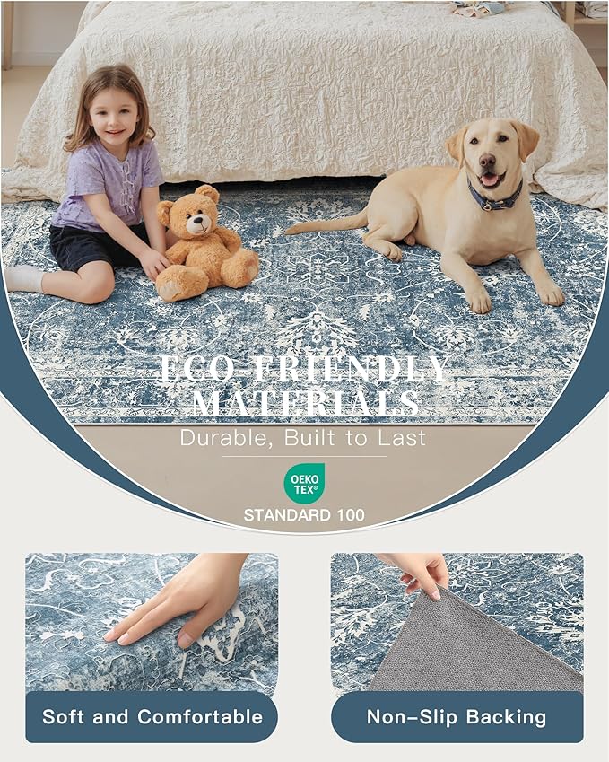 Madane 6x9 Area Rugs for Living Room, Washable Soft Rug Blue