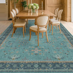 Boho 9x12 Large Teal Green Washable Living Room Rug - Vibrant Turquoise Rug for Bedroom Under Bed, Dining Room Under Table, Geometric Floral Low Pile & Soft Stain Resistant Carpet