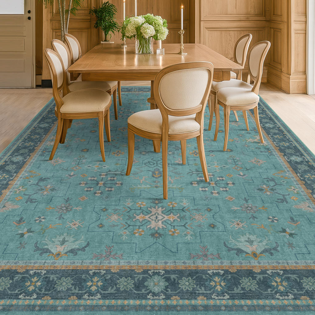 Boho Teal 7x9 Soft Rugs for Living Room, Washable Turquoise Rug for Bedroom Under Bed, Vintage Non Slip Floral Dining Room Carpet, Low Pile Soft Fade Resistant