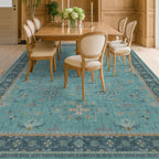 Boho Teal 7x9 Soft Rugs for Living Room, Washable Turquoise Rug for Bedroom Under Bed, Vintage Non Slip Floral Dining Room Carpet, Low Pile Soft Fade Resistant