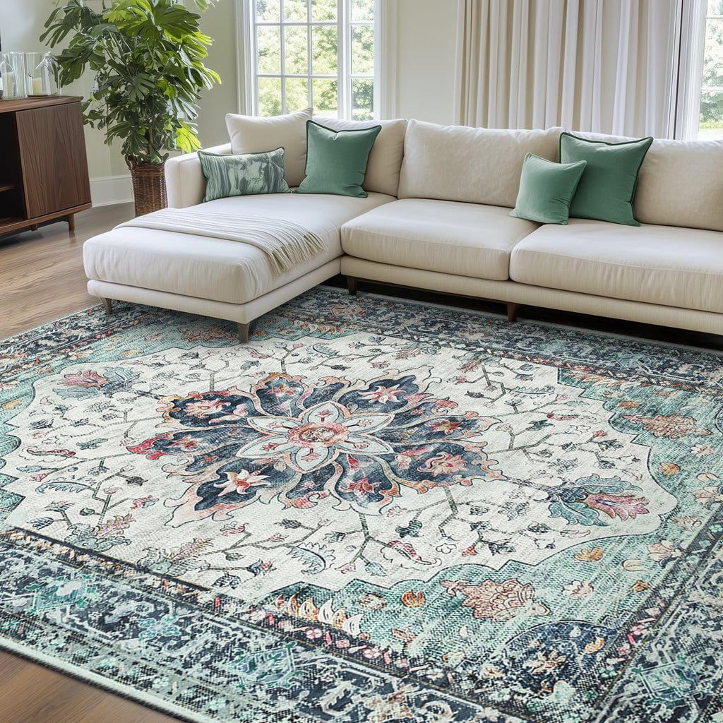RELEANY Washable Area Rug, 8'x10', Teal Green/White/Navy