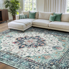 RELEANY Washable Area Rug, 8'x10', Teal Green/White/Navy