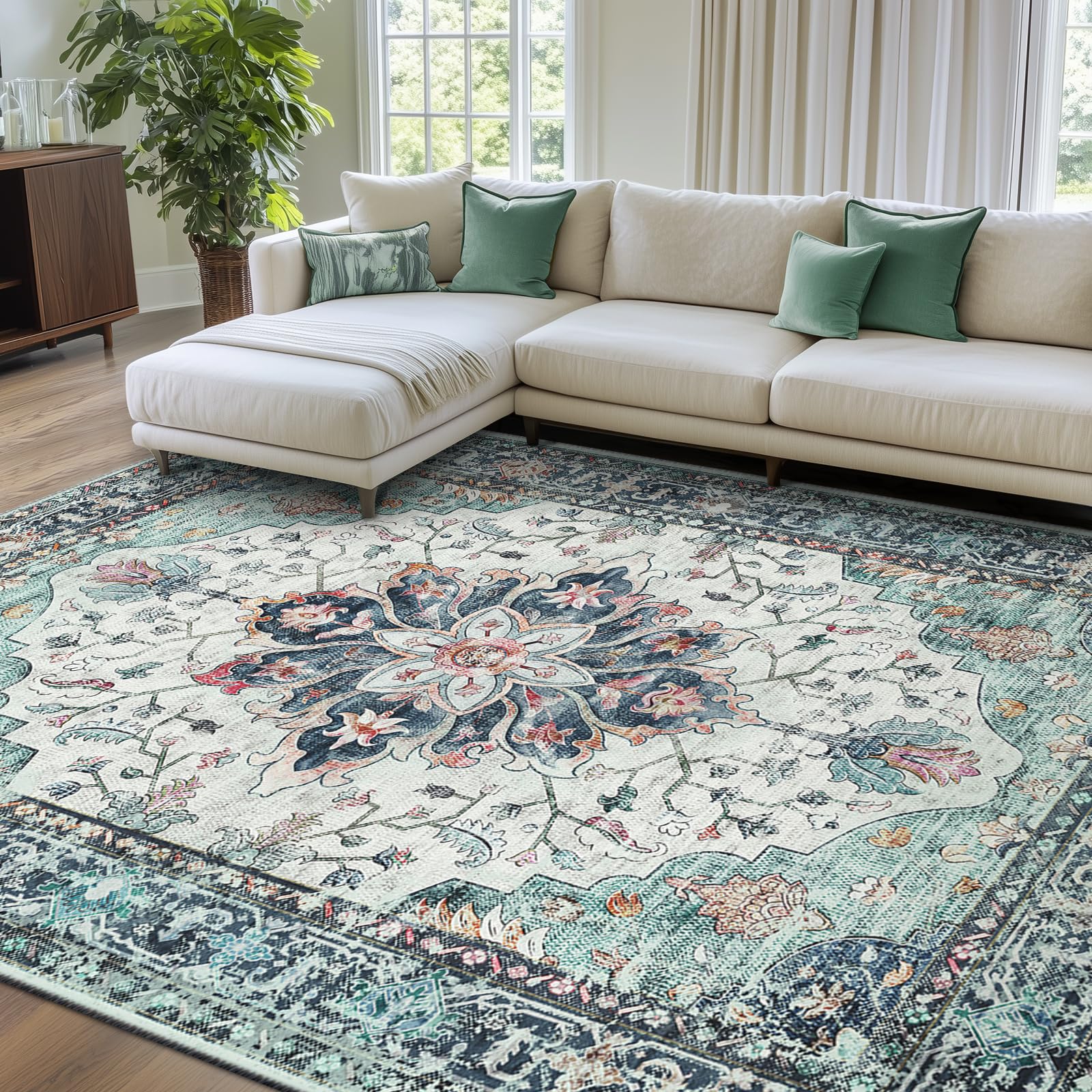 RELEANY Washable Area Rug, 8'x10', Teal Green/White/Navy