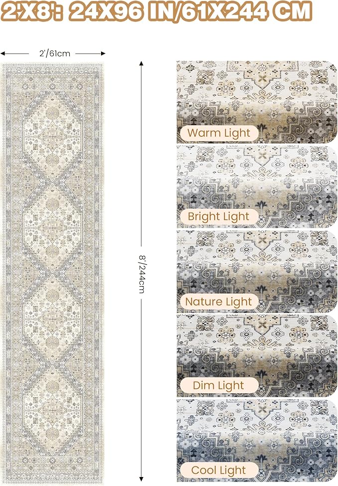 Restydon Runner Rug 2x8 Runners for Hallways Non Slip Washable Rugs, Beige