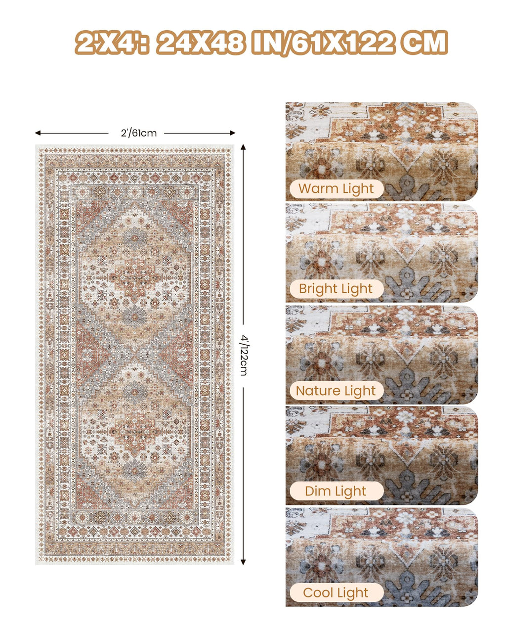 Restydon 2x4 Washable Rug Runner for Bathroom, Entryway Rug, Orange