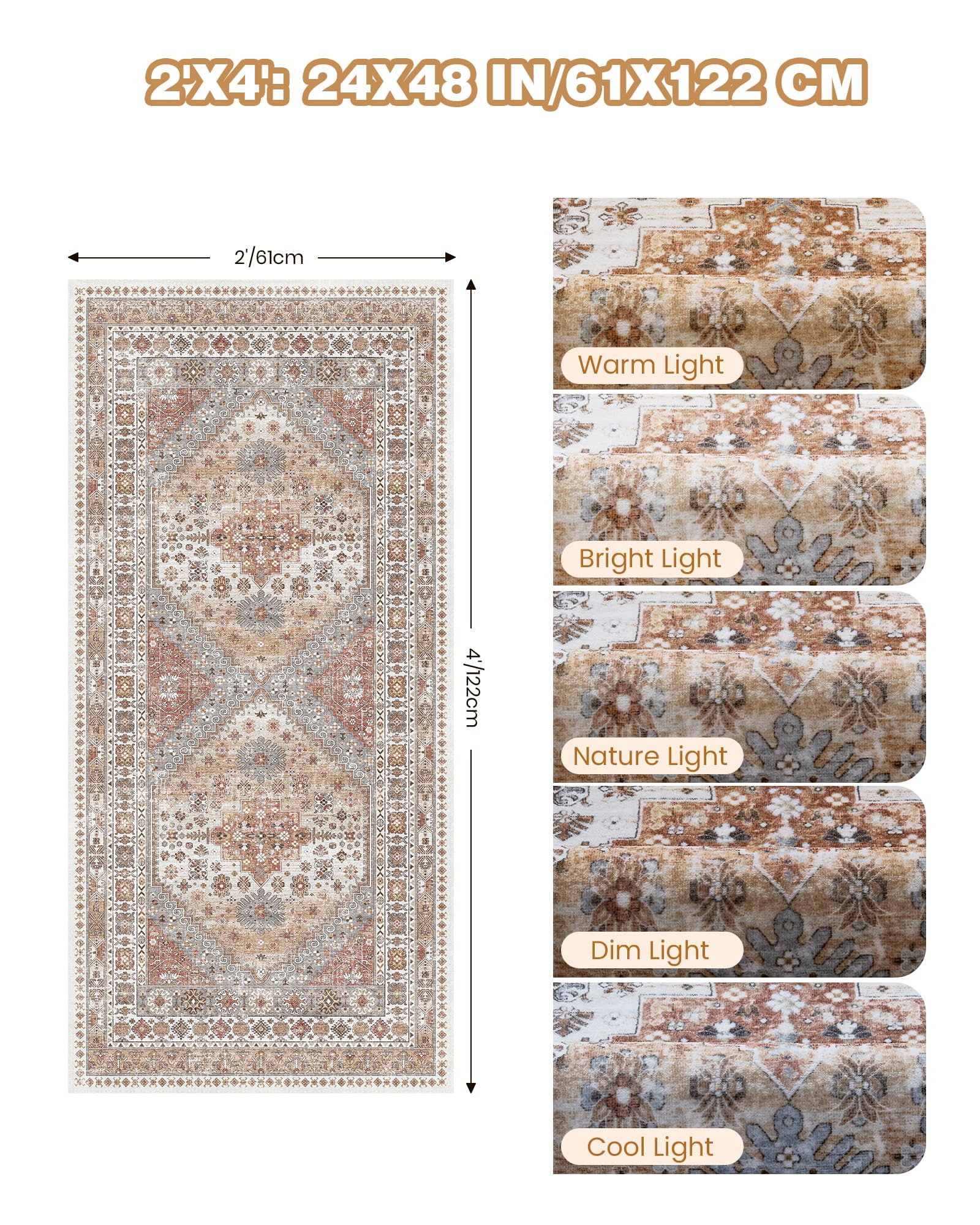 Restydon 2x4 Washable Rug Runner for Bathroom, Entryway Rug, Orange