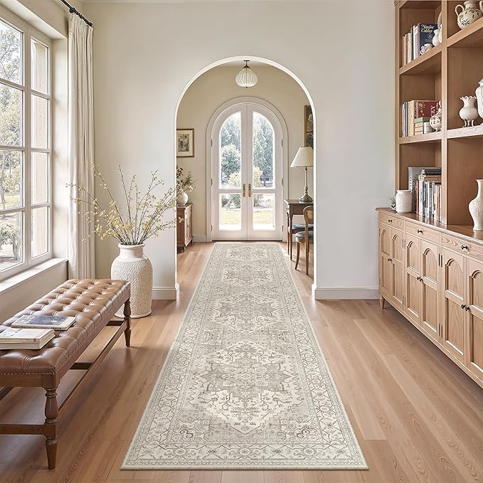 Madane Runner Rugs for Hallway 2x10 Long Washable Non-Slip Hallway Runner Rug Low-Pile Stair Kitchen Runner Soft Throw Carpet for Entrance Living Dining Laundry Room (Beige/Brown, 2 x 10)