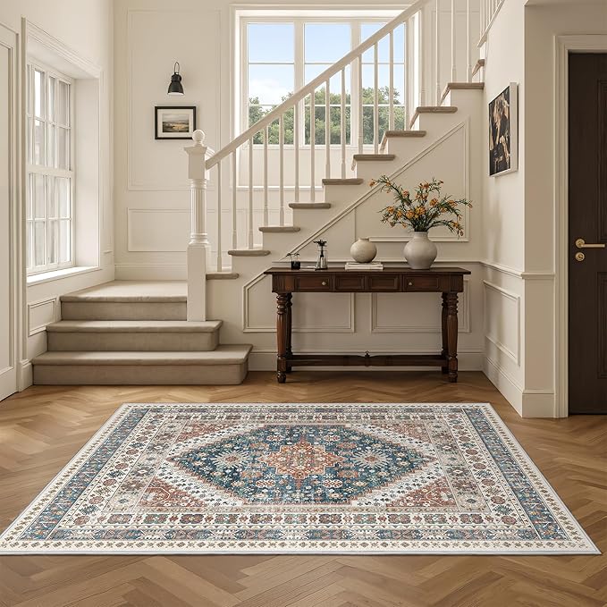 Restydon 3x5 Washable Area Rug for Entryway Non Slip Kitchen Rugs, Blue/Red