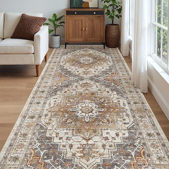 Madane 4x10 Wide Hallway Runner Rug Washable for Living Room, Turmeric/Grey