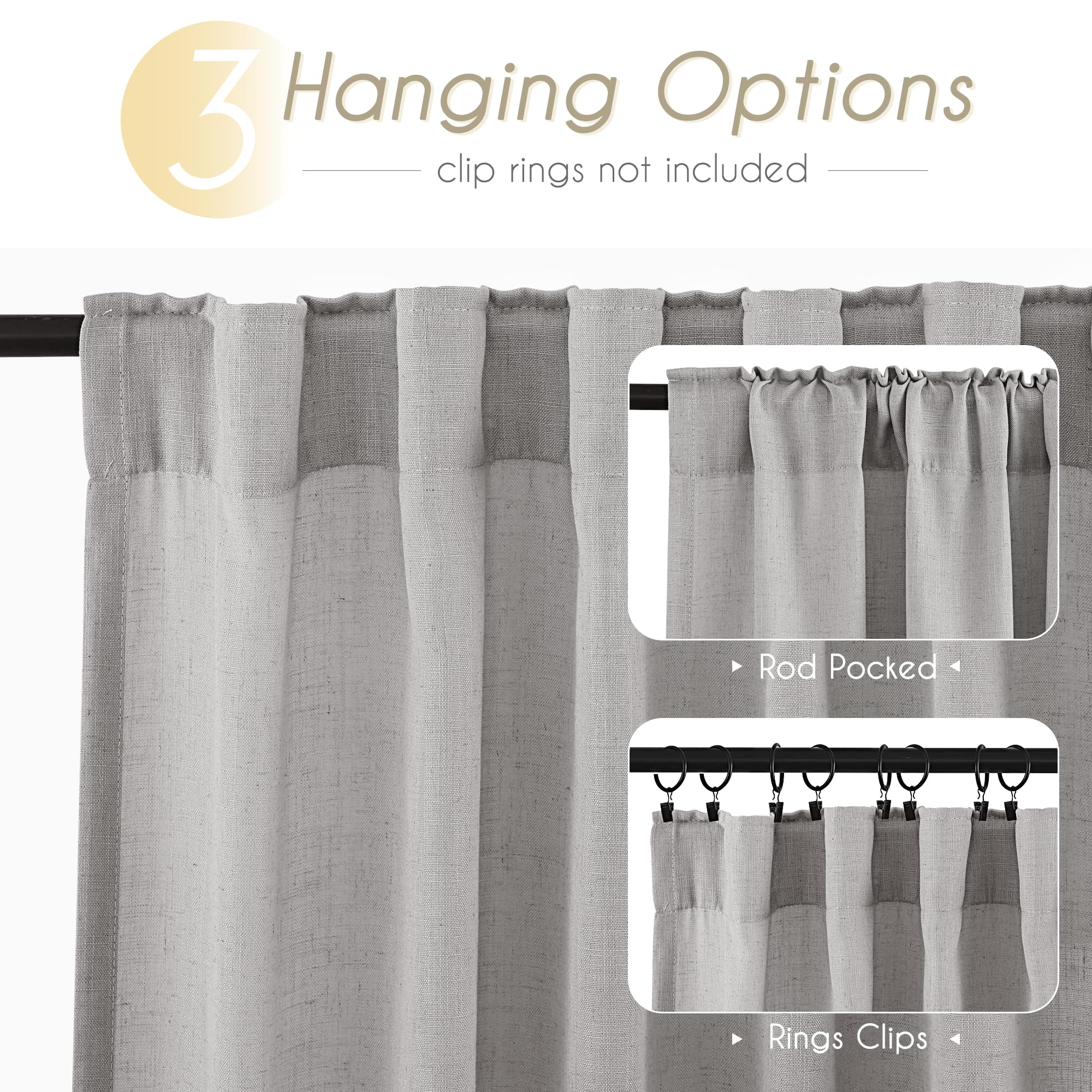 Linen Blend Grey Curtains for Living Room Back Tab Modern Farmhouse Semi Sheer Light Gray Curtains 108 inches Long 2 Panels Set Muted Neutral Cotton Texture Window Curtain for Dining Room Bedroom