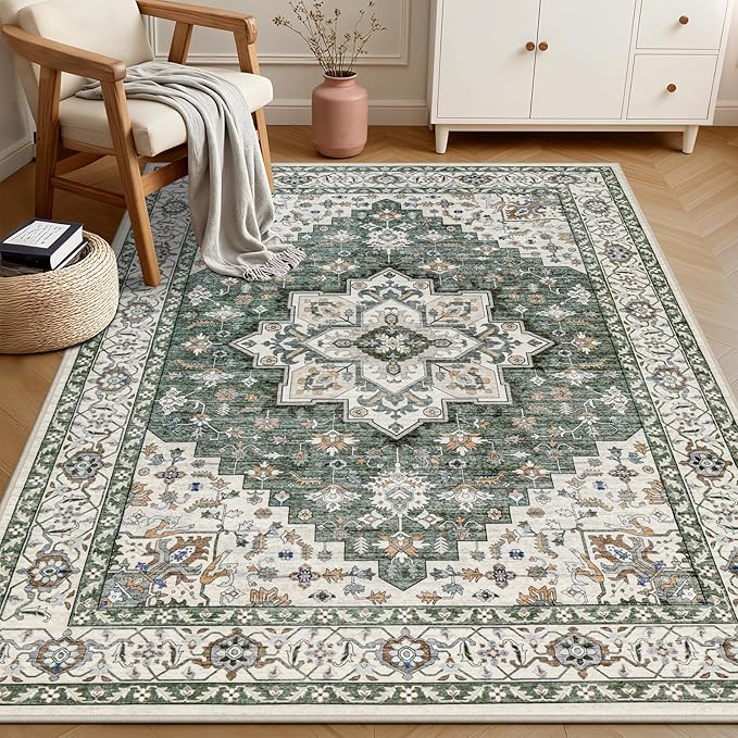 ExpediX 6x9 Area Rugs Living Room: Washable Rug for Bedroom Green Ivory