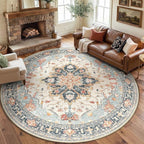8ft Round Rug, Area Rugs 8ft, Washable Rug, Non-Slip, Rugs for Living Room for Bedroom, Circle , Vintage Rugs Boho Floral Medallion, Low Pile, Soft, Beige Dark Blue Navy Red
