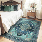 RELEANY Area Rugs 4'x6' Washable Non-Slip, Floral Vintage Distress Print Pattern Medallion Carpet for Living Room Bedroom Dining Room, Teal Green Lake Blue Turquoise