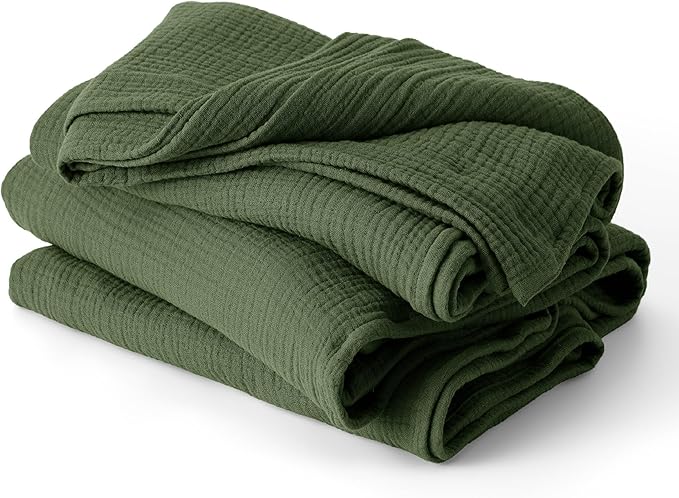 Bedsure 100% Cotton Muslin Throw Blanket Twin XL for Bed - 4-Layer Breathable and Lightweight Soft Gauze Muslin Blankets for Adults, Thin Summer Blanket for College Dorm, Olive Green, 66x90 Inches