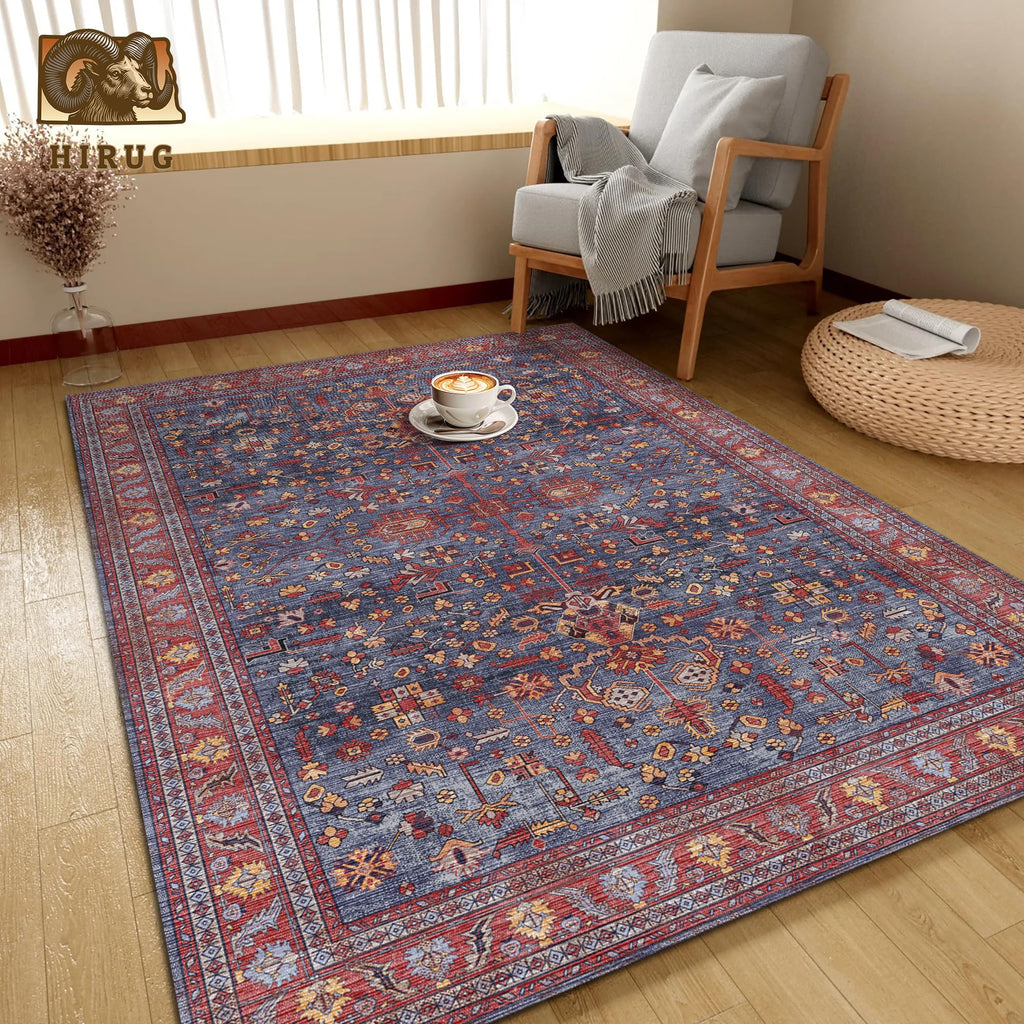 Washable Area Rug 4' x 6' Vintage Traditional Persian Mat - Foldable Distressed Non-Slip Machine Washable Carpet for Living Room Bedroom Kitchen Home Decor - Indigo and Crimson