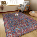Washable Area Rug 8' x 10' Vintage Traditional Persian Mat - Foldable Distressed Non-Slip Machine Washable Carpet for Living Room Bedroom Kitchen Home Decor - Indigo and Crimson