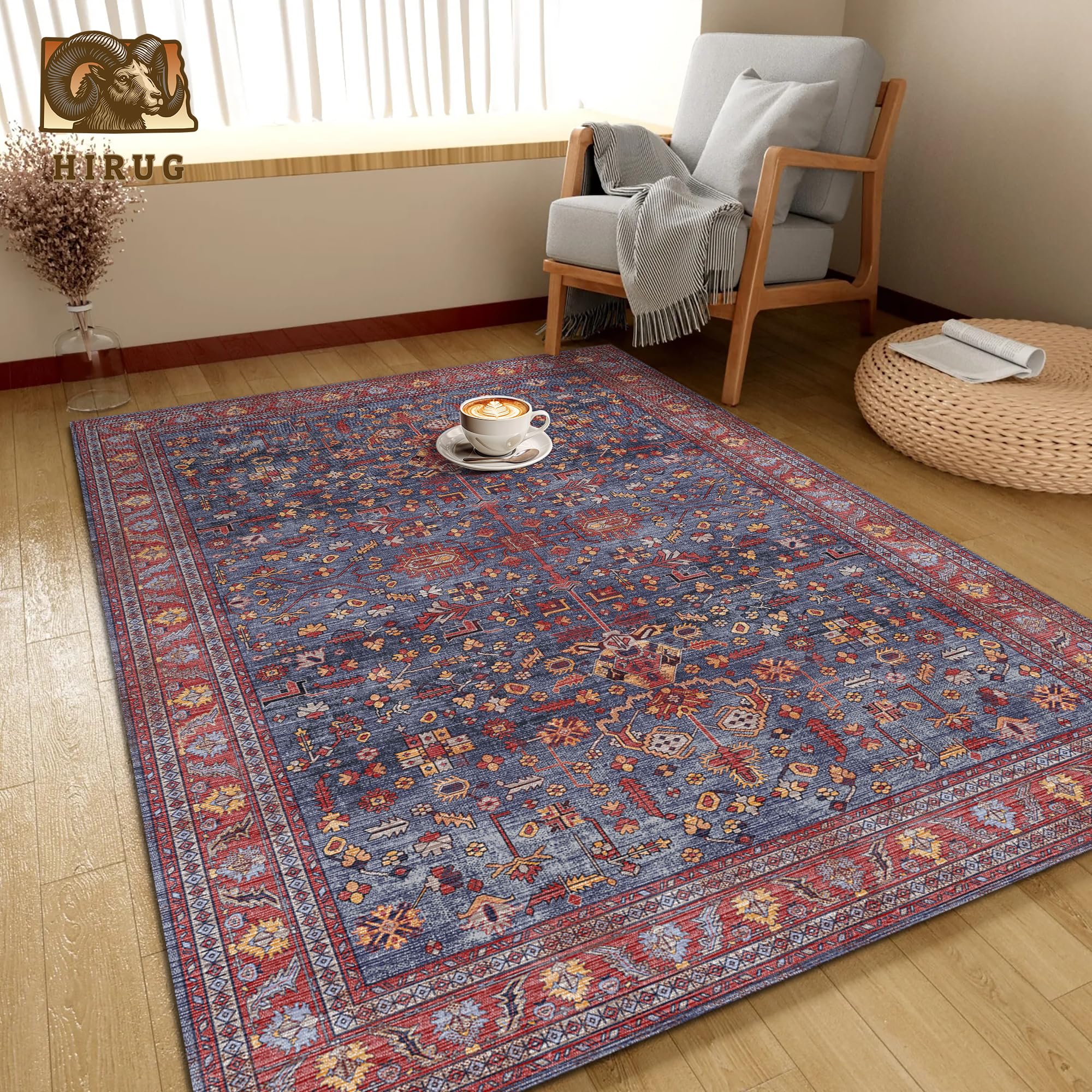 Washable Area Rug 8' x 10' Vintage Traditional Persian Mat - Foldable Distressed Non-Slip Machine Washable Carpet for Living Room Bedroom Kitchen Home Decor - Indigo and Crimson