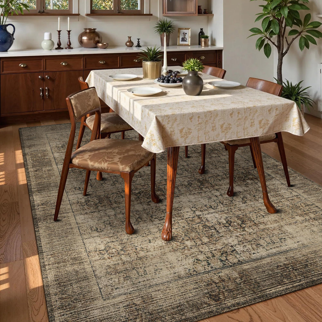 Washable Area Rug 6' x 9' Vintage Traditional Persian Mat - Foldable Distressed Non-Slip Machine Washable Carpet for Living Room Bedroom Kitchen Home Decor - Mocha and Taupe