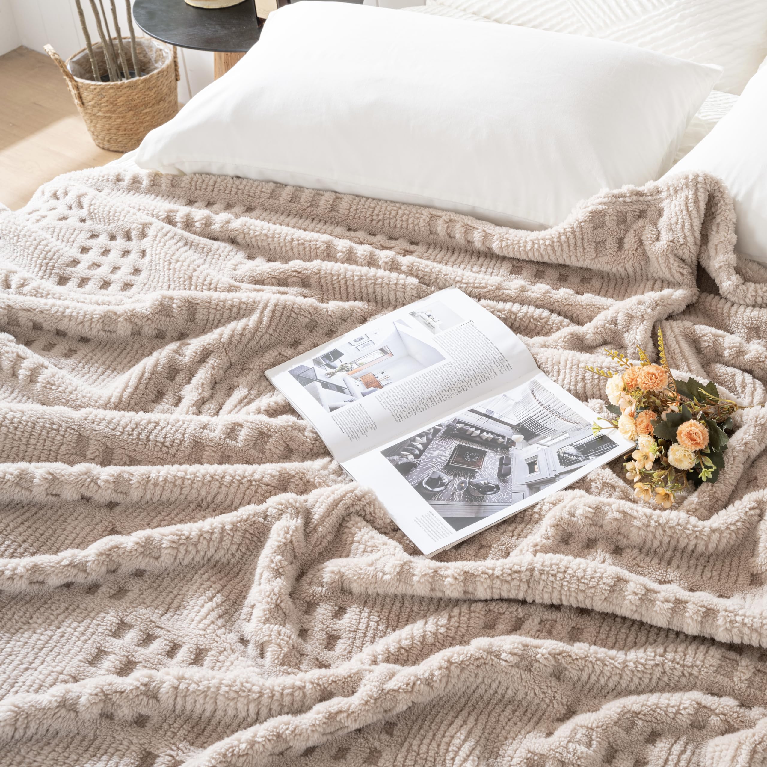 60x80 Inch Waffle Brown Twin Blanket -Fluffy Fleece, Neutral Tan Color, Cute & Aesthetic, Perfect for Sofa, Couch, Chair, Bed, Living Room & Bedroom, All-Season Use, Plush & Cozy Decorative Blanket