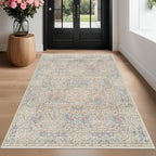 Hazo Haus Vintage Washable Beige Blue Area Rugs for Bedroom Under Bed, Living Room, Nursery, Kitchen, Entryway, Low Pile Non Slip Stain Resistance Distressed Retro Indoor (Beige Blue, 4 x 6)