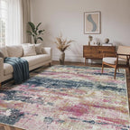 Area Rugs 8x10 for Living Room Bedroom, Modern Abstract Machine Washable Rug, Large Soft Low Pile Floor Carpet with Non Slip Backing for Dining Room, Navy/Pink