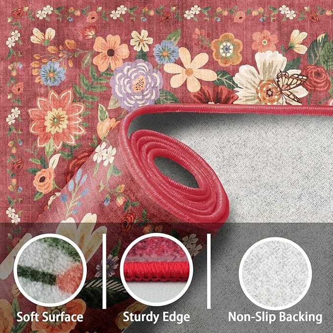 Rug for Hallways Kitchen Rug 2x6, Non Slip Washable Rugs with Rubber Backing Soft Floral Carpet Runner for Hallways, Kitchen, Laundry, Bedroom, Bathroom (2 x 6, Red Garden)