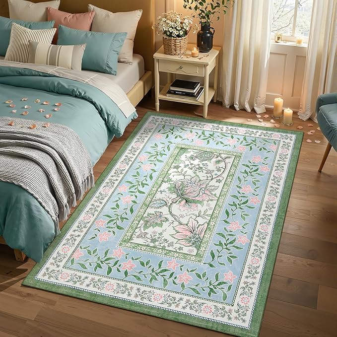 GarveeHome Blue Green Pink 2x6 Washable Kitchen Runner Rugs Non Slip Provence Botanical Grove Vintage Boho Cottage Long Rug for Hallways Bedroom TPE Rubber Backing