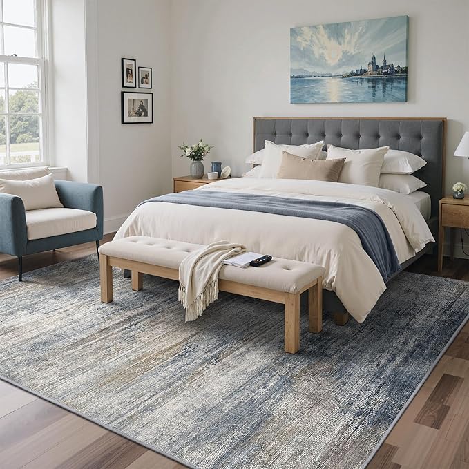 BEIMO Area Rugs 6x9 for Living Room Bedroom, Modern Abstract Machine Washable Rug, Large Soft Low Pile Floor Carpet with Non Slip Backing for Dining Room, Denim Blue/Taupe